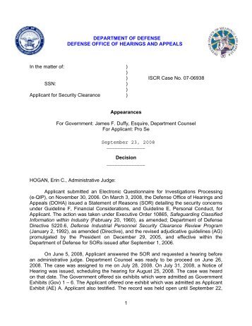 ISCR Case No. 07-06938 SSN - United States Department of Defense