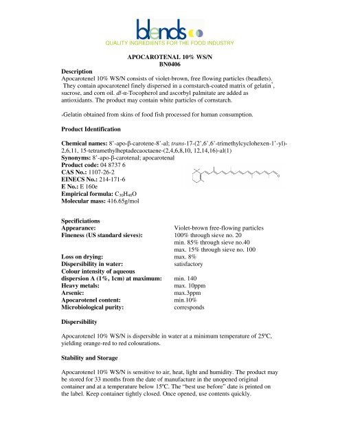 APOCAROTENAL 10% WS/N BN0406 Description ... - Blends