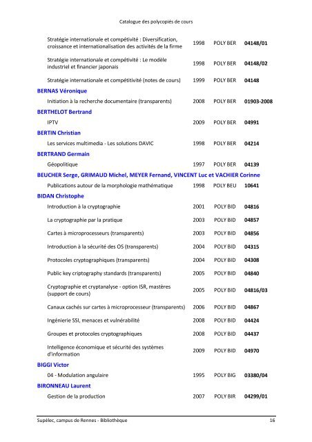 Catalogue des polycopiÃ©s de cours - SupÃ©lec