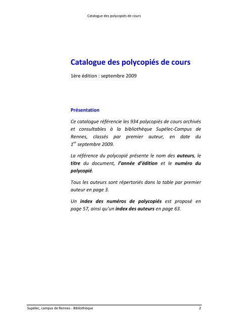 Catalogue des polycopiÃ©s de cours - SupÃ©lec