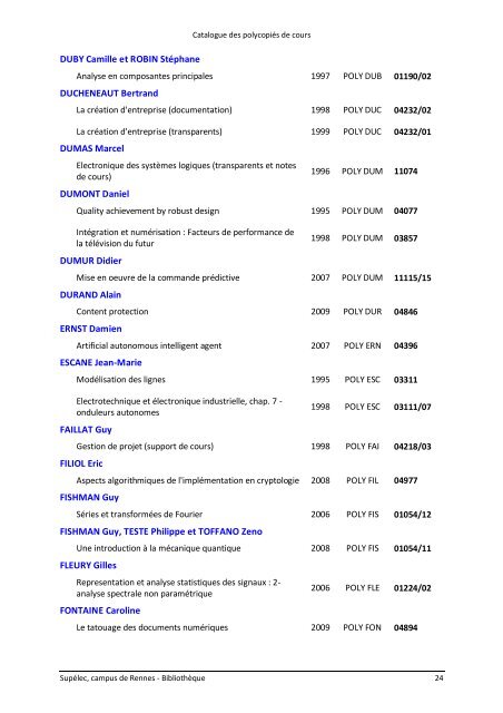 Catalogue des polycopiÃ©s de cours - SupÃ©lec