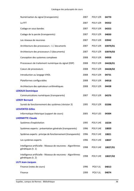 Catalogue des polycopiÃ©s de cours - SupÃ©lec