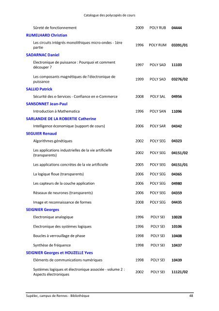 Catalogue des polycopiÃ©s de cours - SupÃ©lec