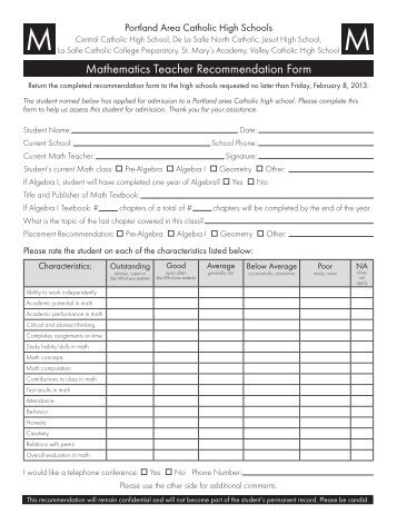 Math Teacher Recommendation Form - Jesuit High School