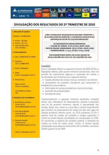 PRESS RELEASE 2T10 IFRS - Alpargatas