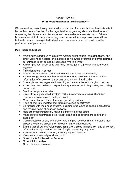 Receptionist Term Job Description Pdf Download Siloam Mission