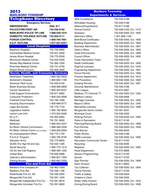 Telephone Directory 2013 - Marlboro Township, NJ