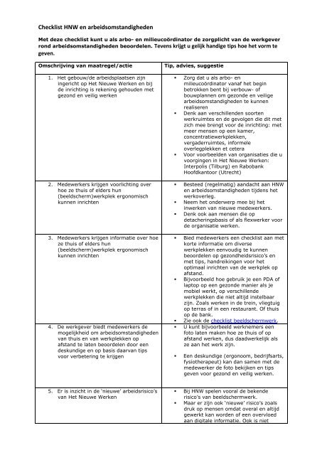 Checklist HNW en arbeidsomstandigheden - Arbo Online