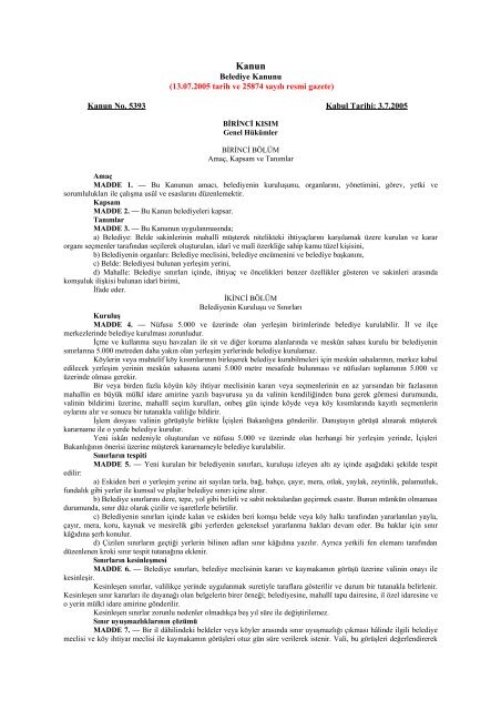 Belediye Kanunu (13.07.2005 tarih ve 25874 sayÄ±lÄ± resmi gazete ...
