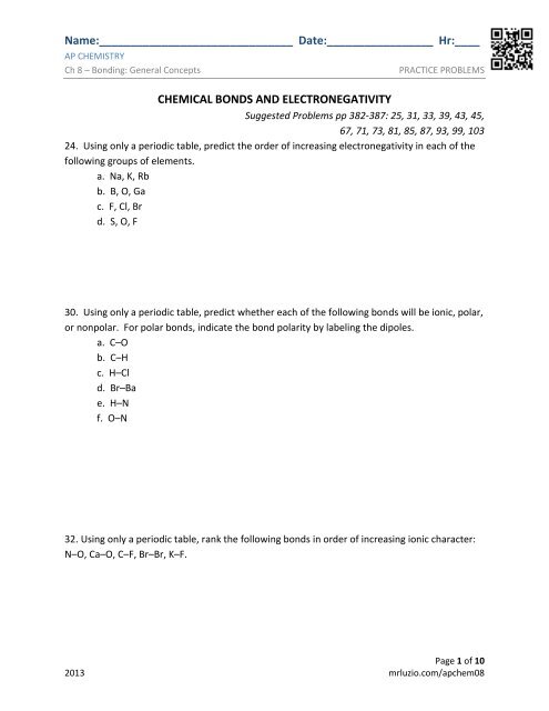 Ch 8 Practice Problems - AP Chemistry