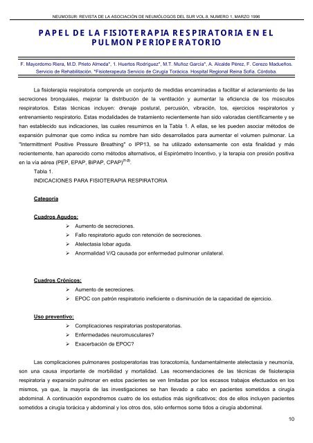 papel de la fisioterapia respiratoria en el pulmon ... - Neumosur