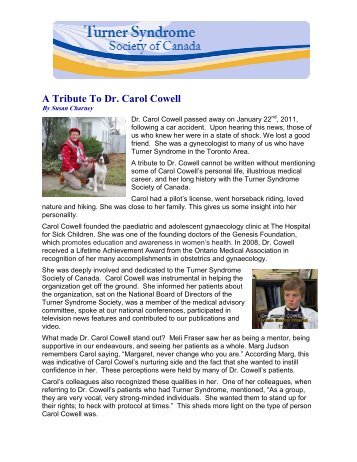 Tribute to Dr. Carol Cowell - Turner Syndrome Society of Canada