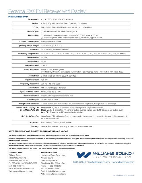 PPA R38 Specifications - Williams Sound