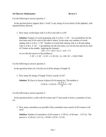 163 Discrete Mathematics Review 2 Use the following to answer ...