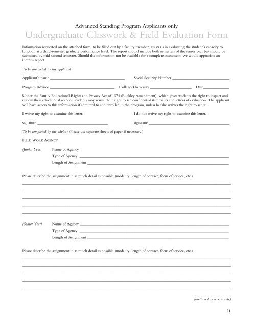 Undergraduate Classwork & Field Evaluation Form