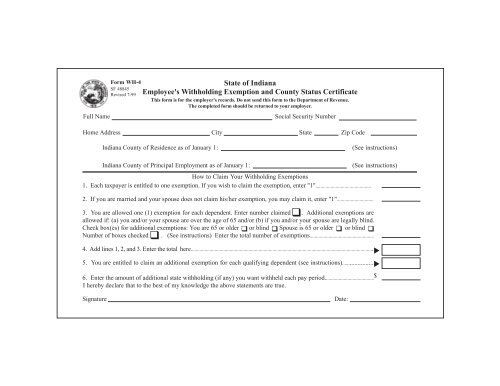 Form WH 4 State Of Indiana
