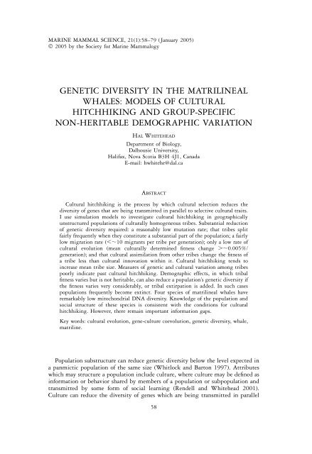 genetic diversity in the matrilineal whales: models of cultural ...
