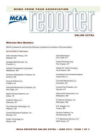 New Members - the Mechanical Contractors Association of America!