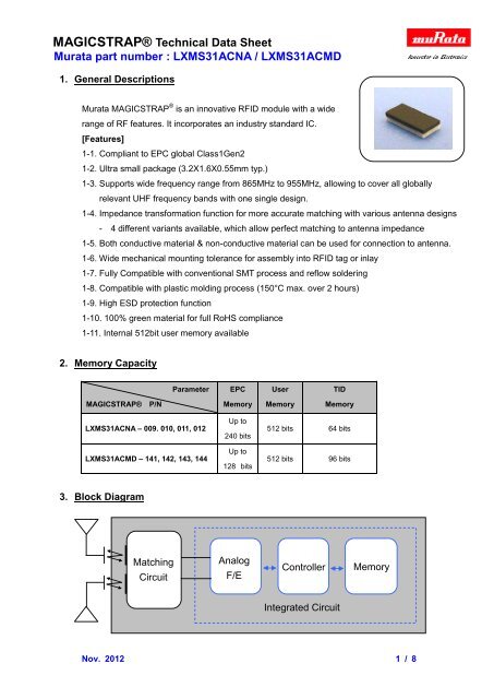 UHF MAGICSTRAP ® 3216 size Data Sheet - Murata