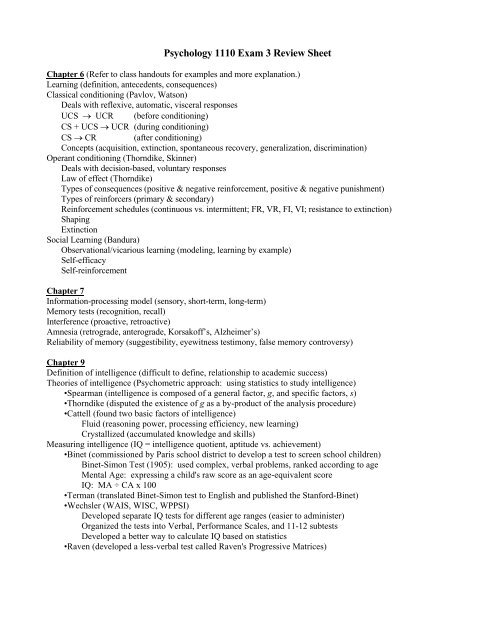 Psychology 1110 Exam 3 Review Sheet