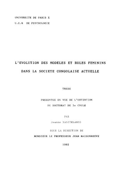 l'evolution des modeles et roles feminins dans la societe congolaise ...