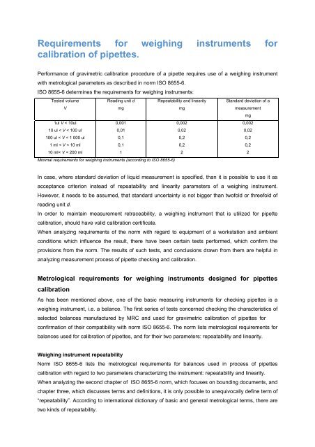 Requirements for weighing instruments for calibration of ... - MRC