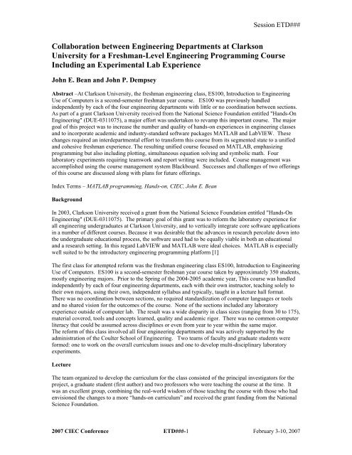 ASEE-CIEC 2007 Paper - Clarkson University
