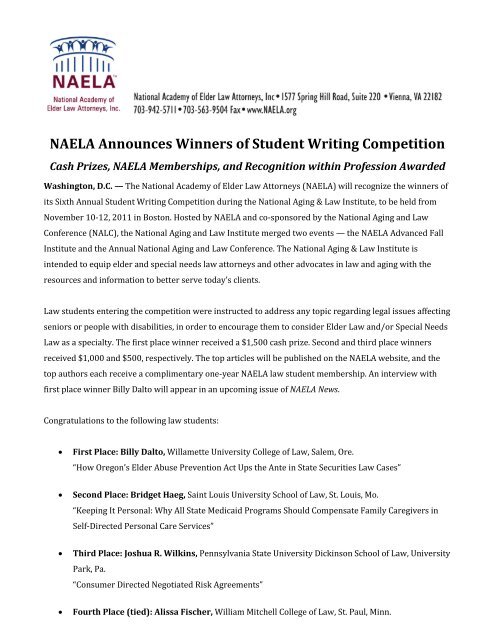 NAELA Announces Winners of Student Writing Competition