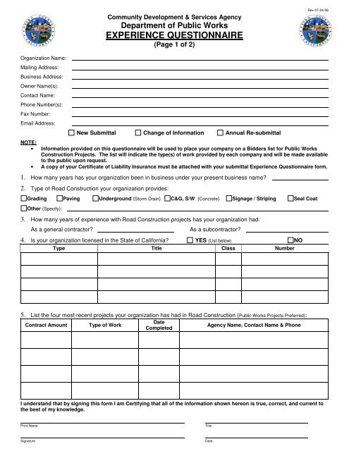 Contractors Experience Questionnaire
