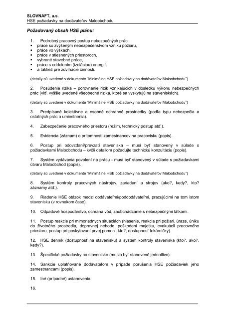 Požadovaný obsah HSE plánu (pdf, 164 kB) - Slovnaft