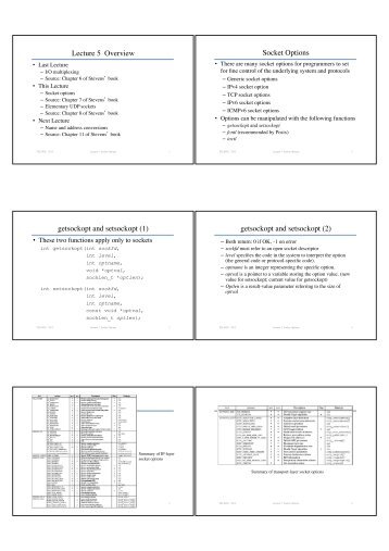 Lecture 5 Overview! Socket Options! getsockopt and setsockopt (1 ...