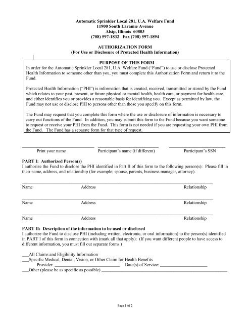 HIPAA Authorization Form - Sprinkler Fitters Local 281, UA