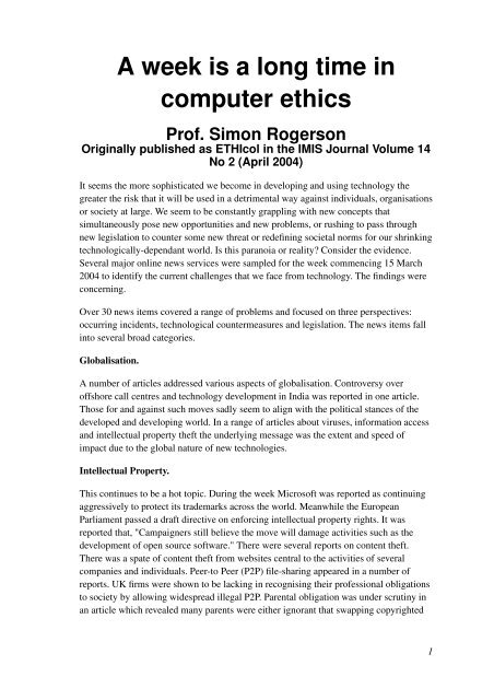 Clock Computer Ethics A week is a long time in computer ethics - Centre for Computing and ...
