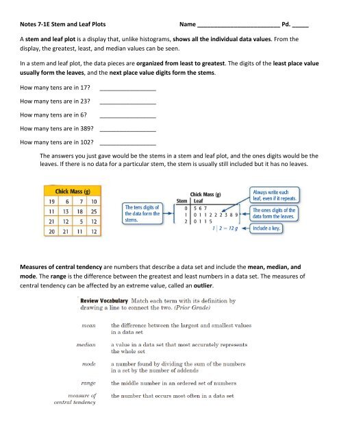 Notes 7-1E Stem and Leaf Plots Name - Deerlake Middle School