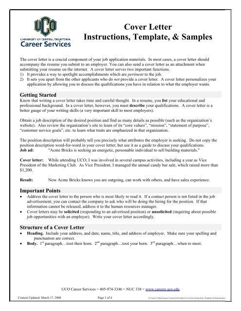 Cover Letter Instructions Templates Samples Uco Career
