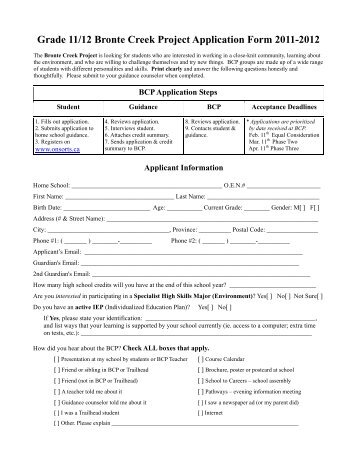 Grade 11/12 Bronte Creek Project Application Form 2011-2012