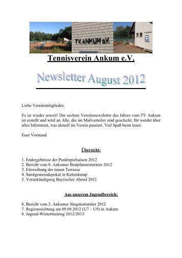 Vereinsnewsletter August 2012 - Tennisverein Ankum e.V.