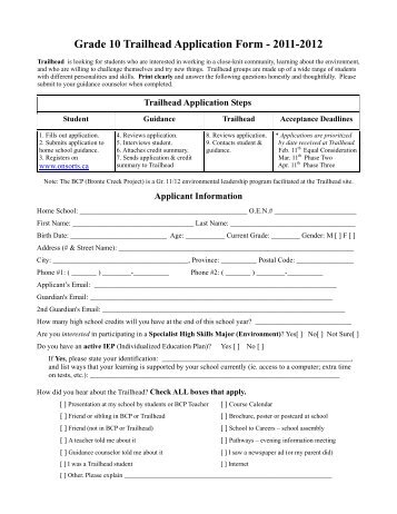 Grade 10 Trailhead Application Form - 2011-2012 - Employer Registry