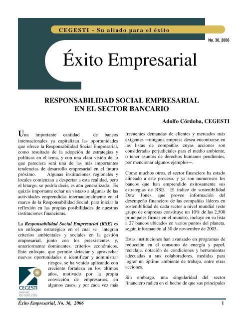 Responsabilidad social empresarial en el sector bancario - Cegesti