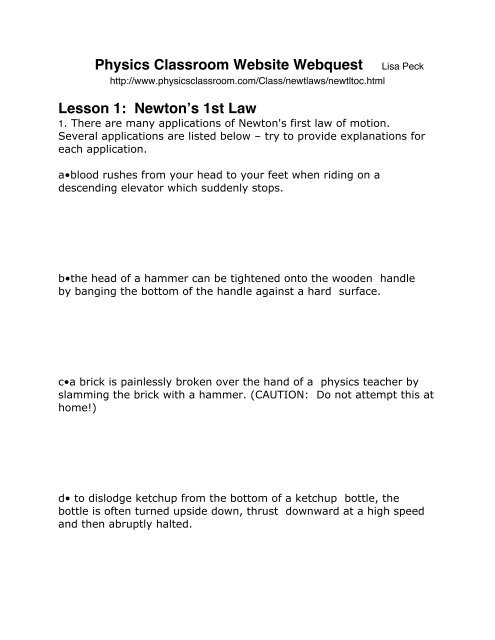 Physics Classroom Website Webquest Lisa Peck Lesson 1 ...