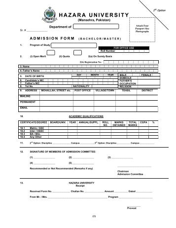 Admission Form for Masters Programme - Hazara University