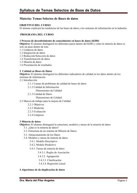 Syllabus de Temas Selectos de Base de Datos - UNAM