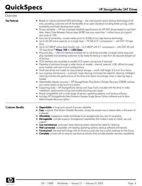 HP StorageWorks DAT Drives Datasheet - am4computers