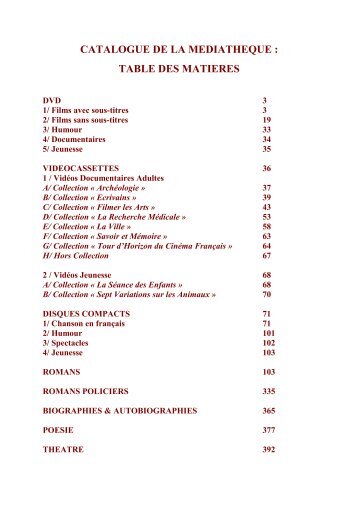 catalogue de la mediatheque : table des matieres - Ambassade de ...