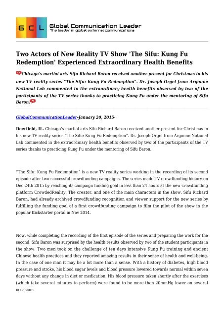 Two Actors of New Reality TV Show 'The Sifu: Kung Fu Redemption' Experienced Extraordinary Health Benefits