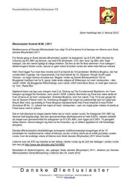 Pressemeddelelse - Ølentusiaster foretrak Ø-ØL i 2011 - Danske ...