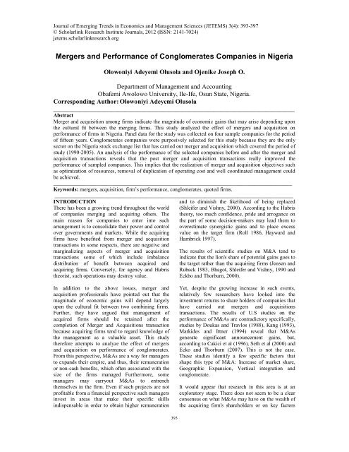 Mergers and Performance of Conglomerates Companies in Nigeria