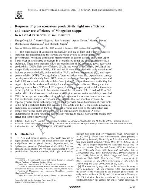 Response of gross ecosystem productivity, light use efficiency, and ...