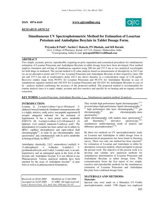 Simultaneous UV Spectrophotometric Method for Estimation of ...