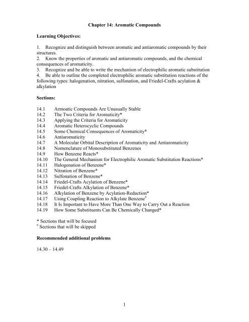 1 Chapter 14: Aromatic Compounds Learning Objectives: 1 ...